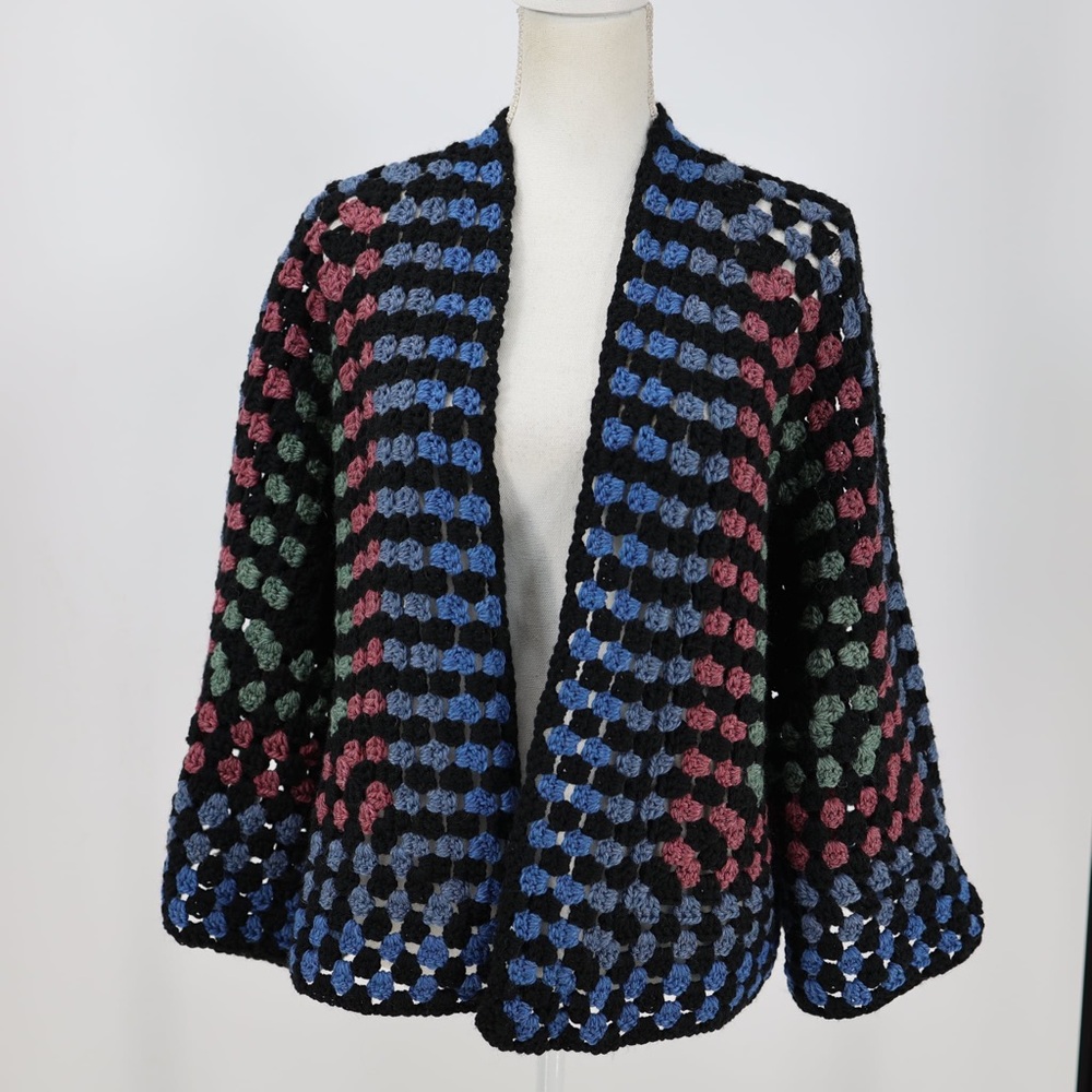 Handmade Granny Square Crochet Cardigan Boho Bell Sleeve One Size Multicolor